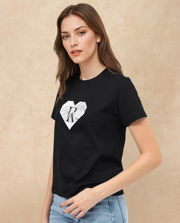 Rareism Women Lee Black Cotton Poly Fabric Short Sleeve Crew Neck Solid T-Shirt