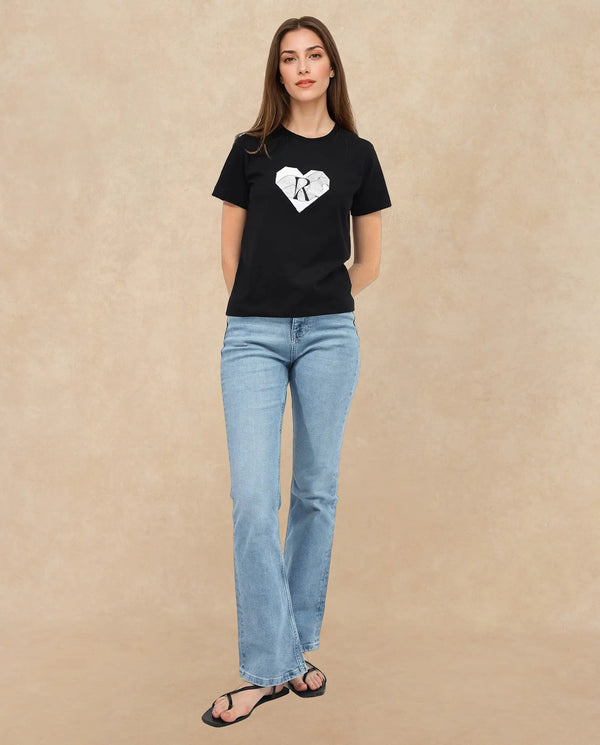 Rareism Women Lee Black Cotton Poly Fabric Short Sleeve Crew Neck Solid T-Shirt