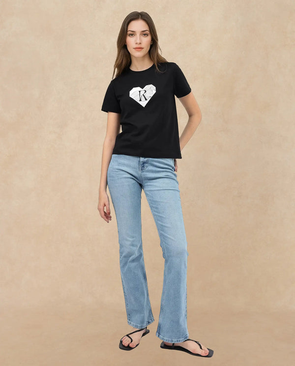 Rareism Women Lee Black Cotton Poly Fabric Short Sleeve Crew Neck Solid T-Shirt