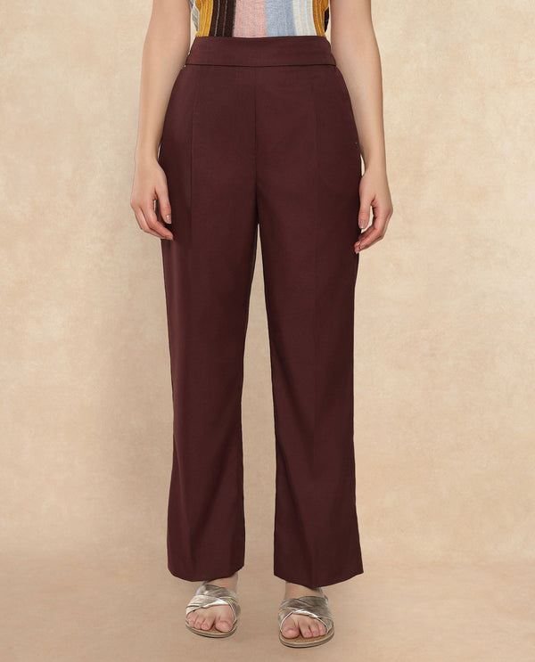 Rareism Women Leezo Brown Tie Up Closure Straight Fit Ankle Length Plain Trouser