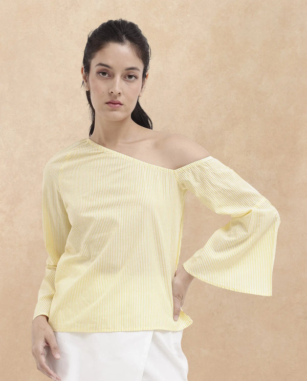 Rareism Women Leighton Pastel Yellow Cotton Fabric Full Sleeve One Shoulder   Stripe Top