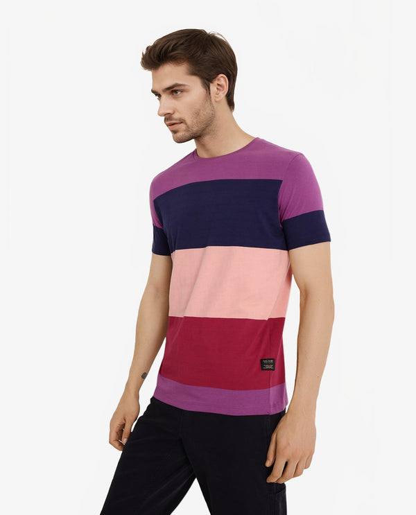 Rare Rabbit Men's Lemars Purple Cotton Fabric Crew Neck Half Sleeves Slim Fit Colorblock Stripe T-Shirt