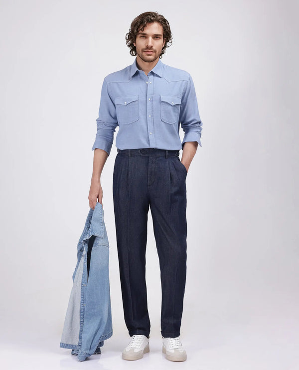 Rare Rabbit Men's Leni Blue Cotton Blend Fabric Baggy Fit Plain Trouser