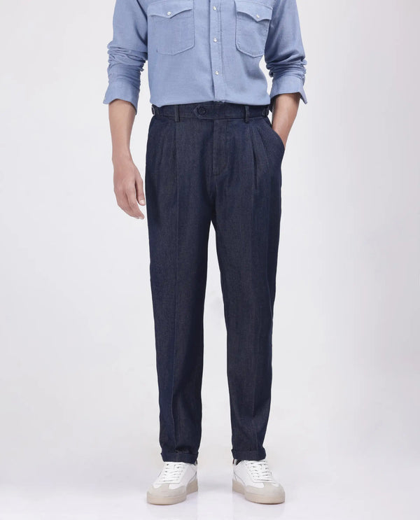 Rare Rabbit Men's Leni Blue Cotton Blend Fabric Baggy Fit Plain Trouser
