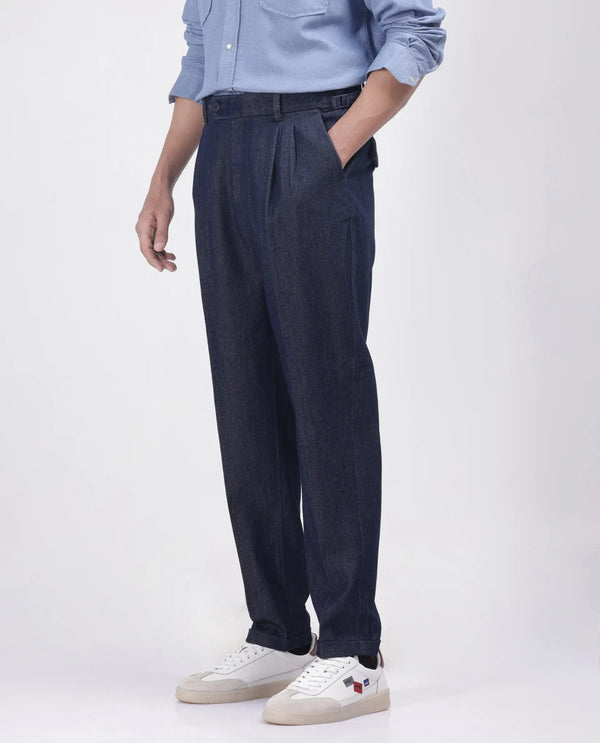 Rare Rabbit Men's Leni Blue Cotton Blend Fabric Baggy Fit Plain Trouser