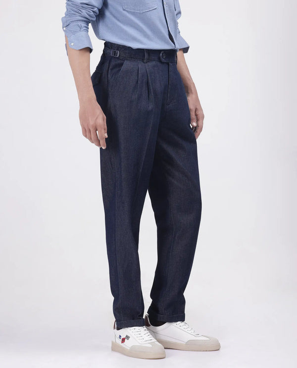 Rare Rabbit Men's Leni Blue Cotton Blend Fabric Baggy Fit Plain Trouser