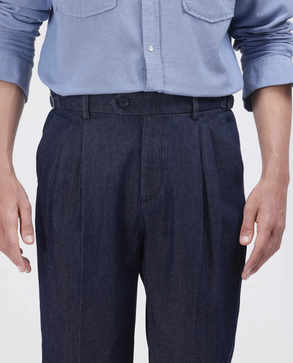 Rare Rabbit Men's Leni Blue Cotton Blend Fabric Baggy Fit Plain Trouser
