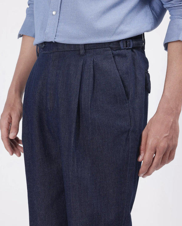 Rare Rabbit Men's Leni Blue Cotton Blend Fabric Baggy Fit Plain Trouser