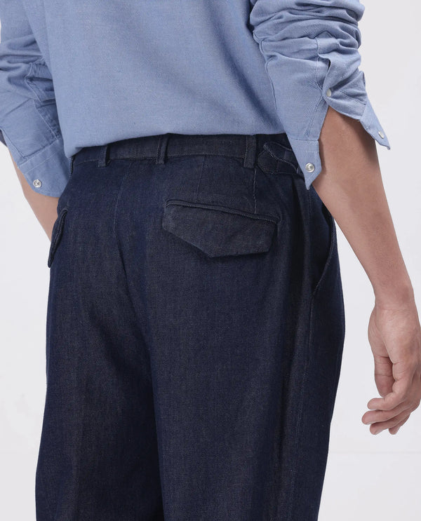 Rare Rabbit Men's Leni Blue Cotton Blend Fabric Baggy Fit Plain Trouser