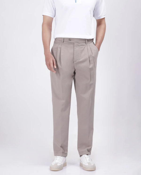 Rare Rabbit Men's Leni Dark Beige Cotton Blend Fabric Baggy Fit Plain Trouser