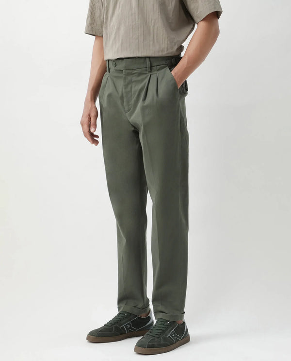 Rare Rabbit Men's Leni Olive Cotton Blend Fabric Baggy Fit Plain Trouser