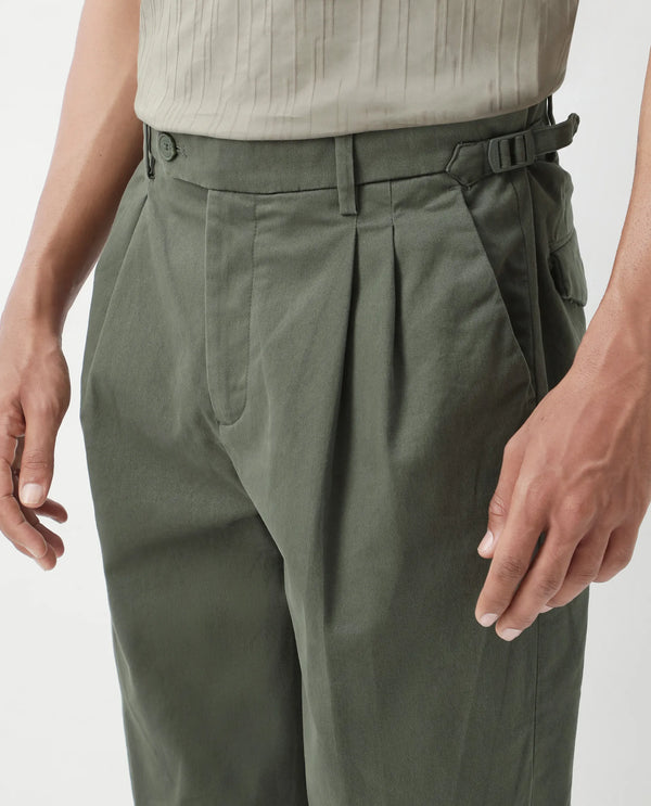 Rare Rabbit Men's Leni Olive Cotton Blend Fabric Baggy Fit Plain Trouser