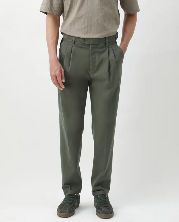 Rare Rabbit Men's Leni Olive Cotton Blend Fabric Baggy Fit Plain Trouser