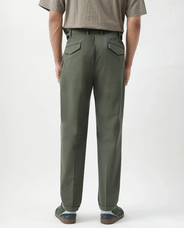 Rare Rabbit Men's Leni Olive Cotton Blend Fabric Baggy Fit Plain Trouser
