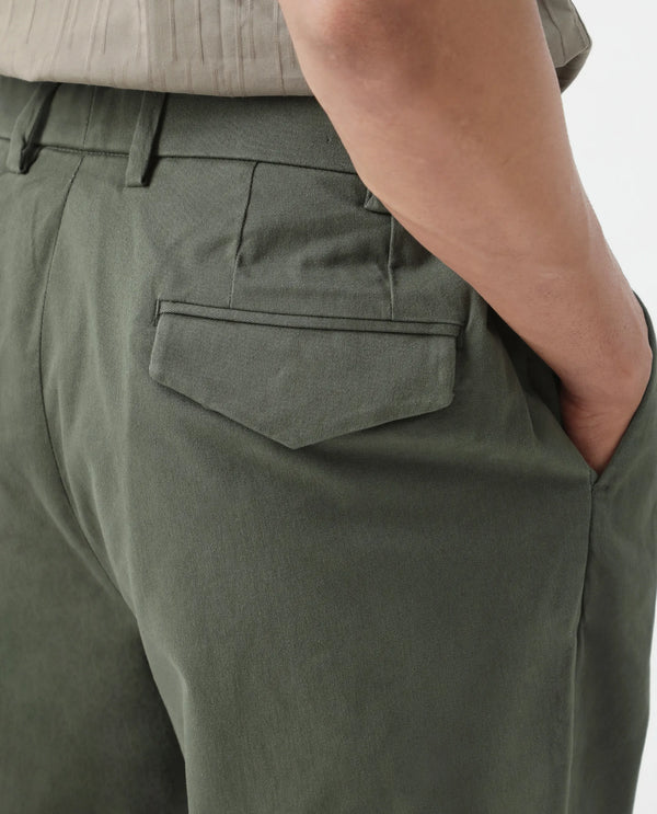 Rare Rabbit Men's Leni Olive Cotton Blend Fabric Baggy Fit Plain Trouser