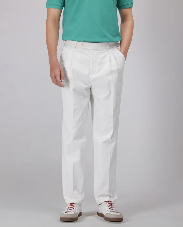 Rare Rabbit Men's Leni White Cotton Blend Fabric Baggy Fit Plain Trouser