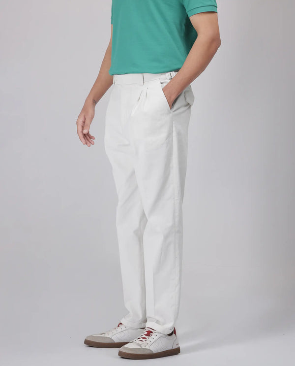 Rare Rabbit Men's Leni White Cotton Blend Fabric Baggy Fit Plain Trouser