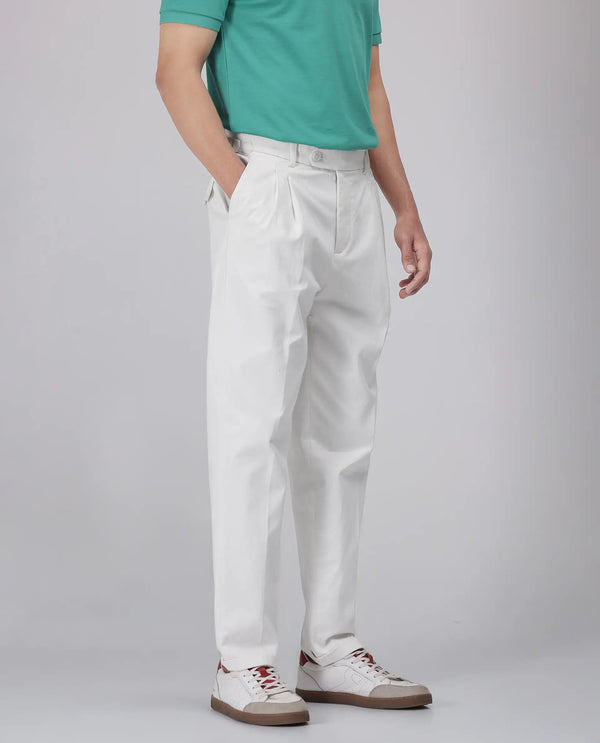 Rare Rabbit Men's Leni White Cotton Blend Fabric Baggy Fit Plain Trouser