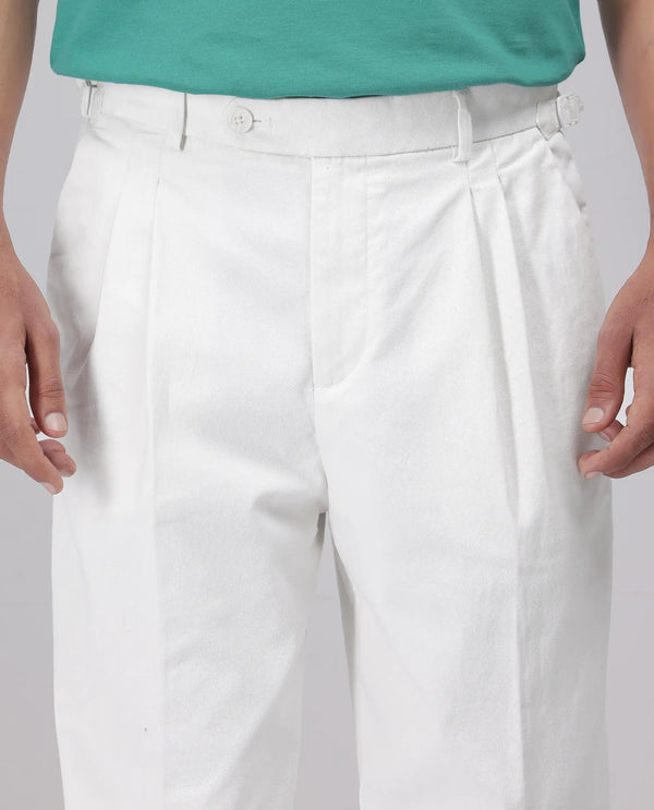 Rare Rabbit Men's Leni White Cotton Blend Fabric Baggy Fit Plain Trouser