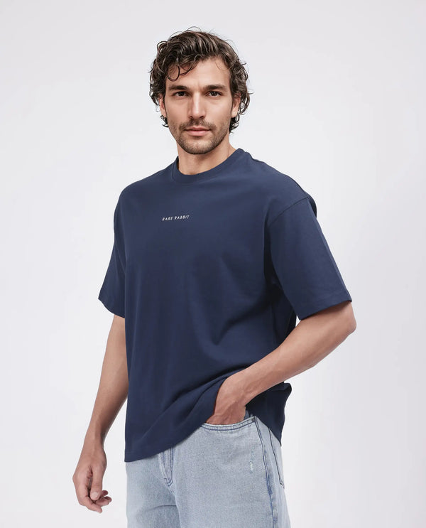 Rare Rabbit Men Len Navy Cotton Fabric Short Sleeve Crew Neck Oversized Fit Typography Backprint T-Shirt
