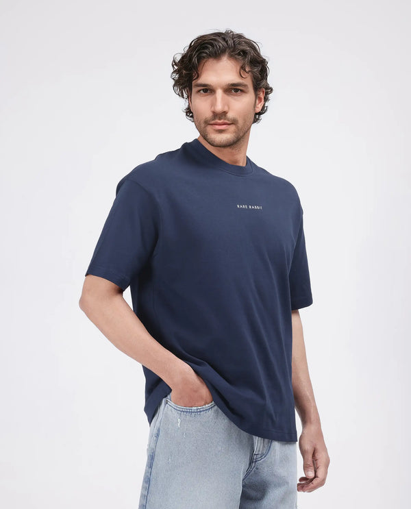 Rare Rabbit Men Len Navy Cotton Fabric Short Sleeve Crew Neck Oversized Fit Typography Backprint T-Shirt