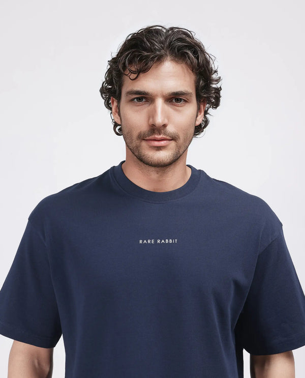 Rare Rabbit Men Len Navy Cotton Fabric Short Sleeve Crew Neck Oversized Fit Typography Backprint T-Shirt