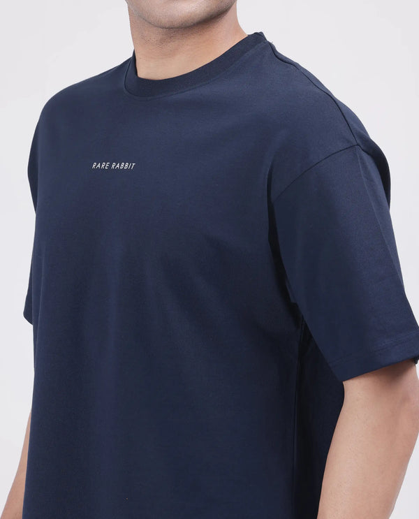 Rare Rabbit Men Len Navy Cotton Fabric Short Sleeve Crew Neck Oversized Fit Typography Backprint T-Shirt