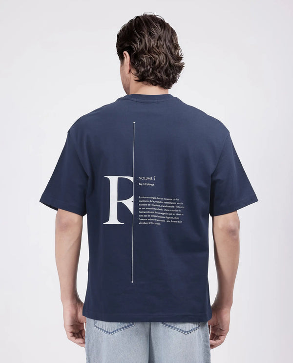 Rare Rabbit Men Len Navy Cotton Fabric Short Sleeve Crew Neck Oversized Fit Typography Backprint T-Shirt