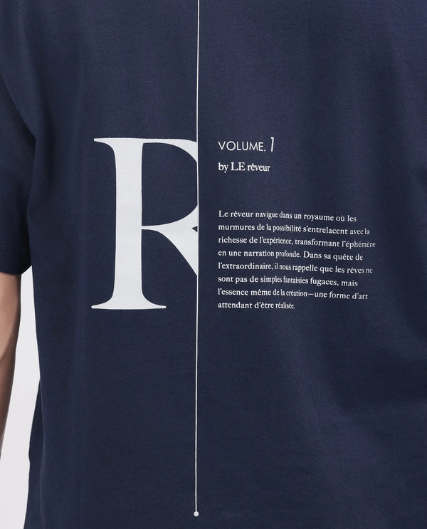 Rare Rabbit Men Len Navy Cotton Fabric Short Sleeve Crew Neck Oversized Fit Typography Backprint T-Shirt