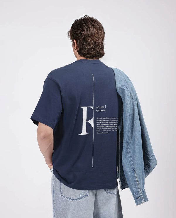 Rare Rabbit Men Len Navy Cotton Fabric Short Sleeve Crew Neck Oversized Fit Typography Backprint T-Shirt