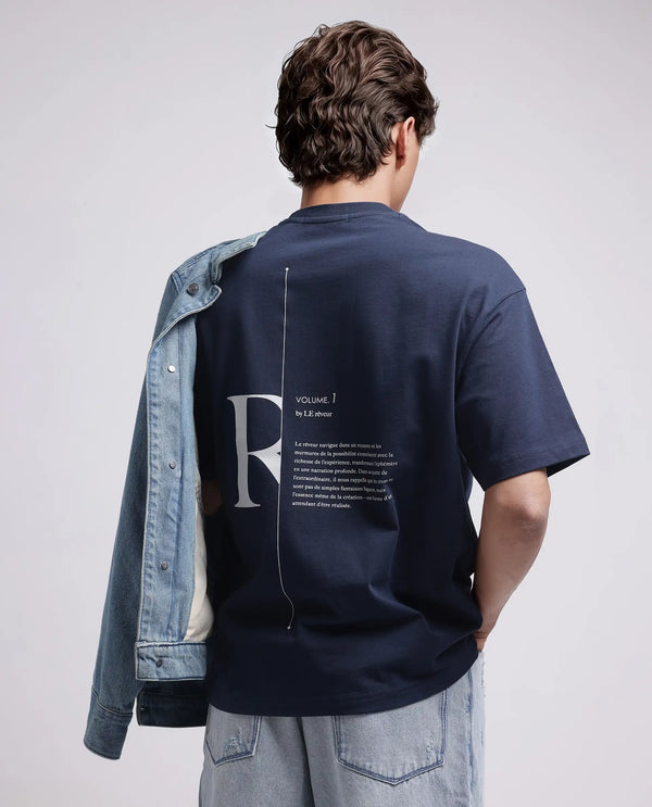 Rare Rabbit Men Len Navy Cotton Fabric Short Sleeve Crew Neck Oversized Fit Typography Backprint T-Shirt