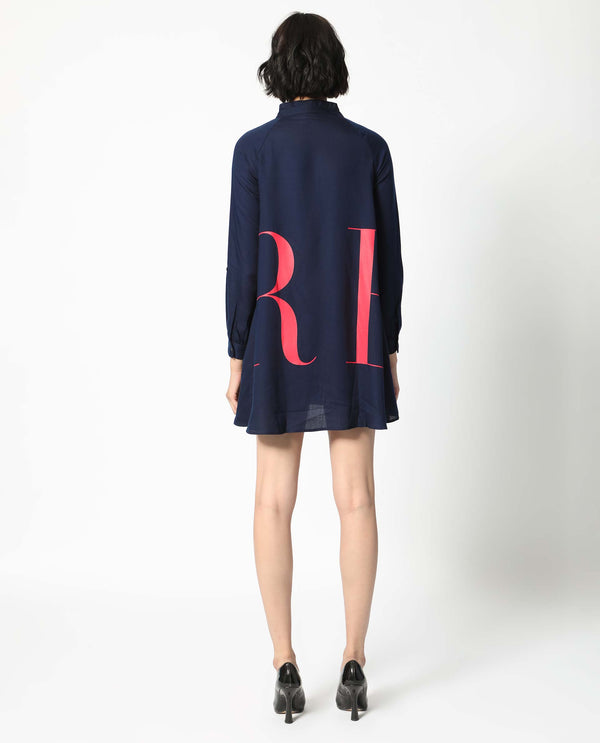 Rareism Women's Leor Dark Blue Tencel Fabric Mandarin Collar Button Closure Full Sleeve Graphic Print A-Line Short Dress