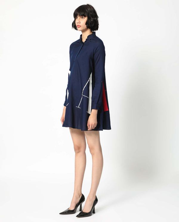 Rareism Women's Leor Dark Blue Tencel Fabric Mandarin Collar Button Closure Full Sleeve Graphic Print A-Line Short Dress