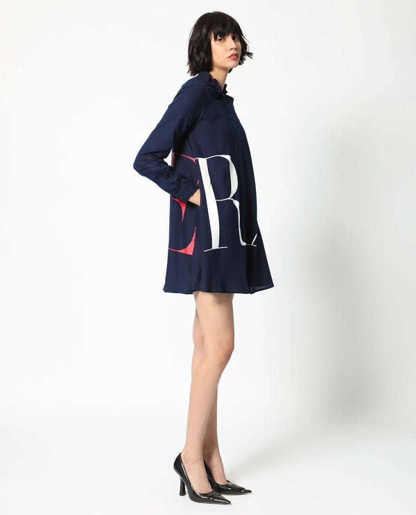 Rareism Women's Leor Dark Blue Tencel Fabric Mandarin Collar Button Closure Full Sleeve Graphic Print A-Line Short Dress