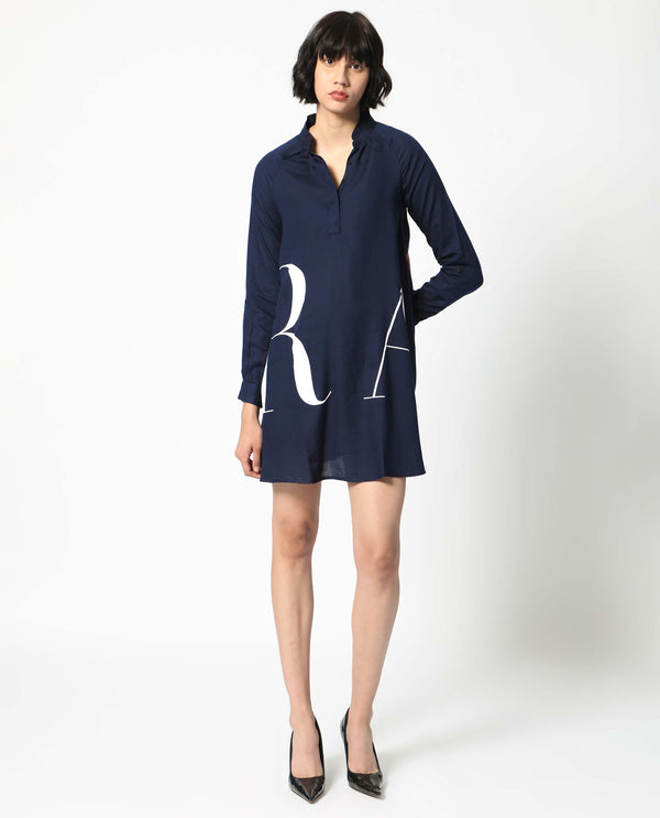 Rareism Women's Leor Dark Blue Tencel Fabric Mandarin Collar Button Closure Full Sleeve Graphic Print A-Line Short Dress