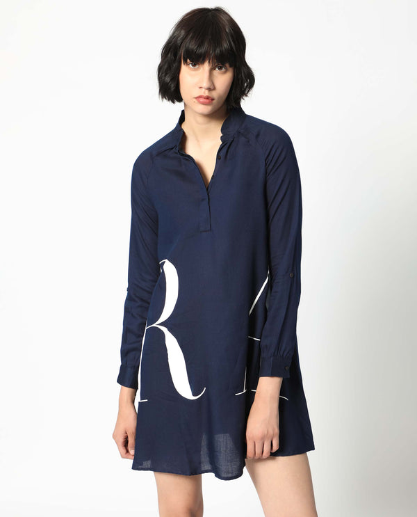 Rareism Women's Leor Dark Blue Tencel Fabric Mandarin Collar Button Closure Full Sleeve Graphic Print A-Line Short Dress