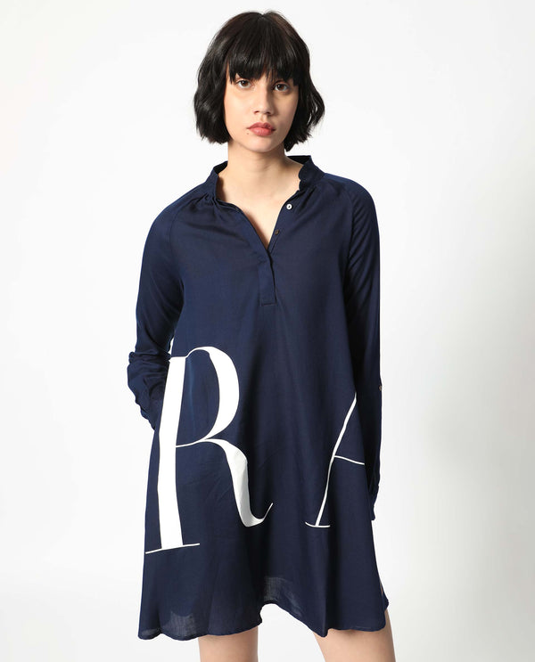 Rareism Women's Leor Dark Blue Tencel Fabric Mandarin Collar Button Closure Full Sleeve Graphic Print A-Line Short Dress
