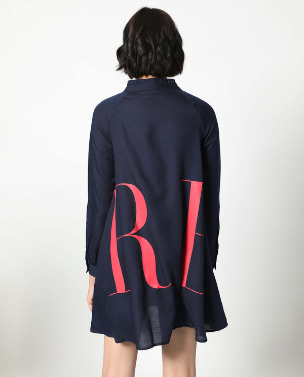 Rareism Women's Leor Dark Blue Tencel Fabric Mandarin Collar Button Closure Full Sleeve Graphic Print A-Line Short Dress