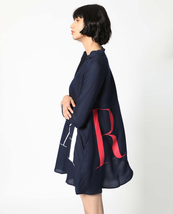 Rareism Women's Leor Dark Blue Tencel Fabric Mandarin Collar Button Closure Full Sleeve Graphic Print A-Line Short Dress