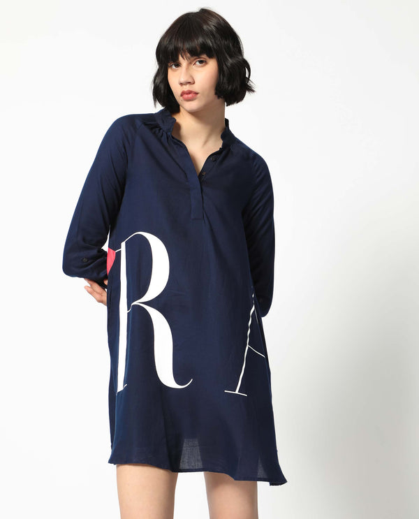 Rareism Women's Leor Dark Blue Tencel Fabric Mandarin Collar Button Closure Full Sleeve Graphic Print A-Line Short Dress
