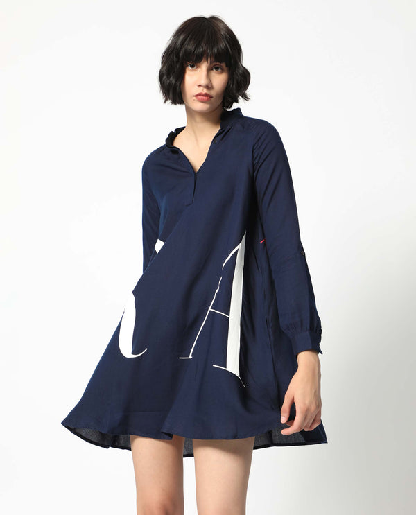 Rareism Women's Leor Dark Blue Tencel Fabric Mandarin Collar Button Closure Full Sleeve Graphic Print A-Line Short Dress