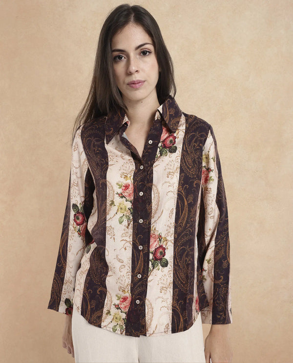 Rareism Women Lesent Multi Cuffed Sleeve Collared Collar Button Paisley Print Top