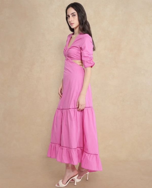 Rareism Women Lesman Pink Puff Sleeves V-Neck Fit And Flare Maxi Plain Dress