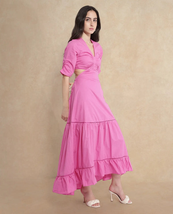 Rareism Women Lesman Pink Puff Sleeves V-Neck Fit And Flare Maxi Plain Dress
