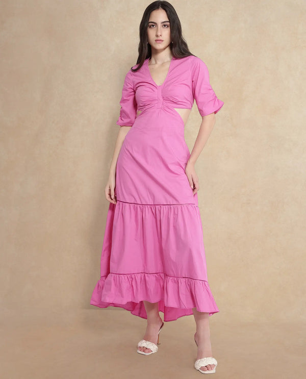 Rareism Women Lesman Pink Puff Sleeves V-Neck Fit And Flare Maxi Plain Dress