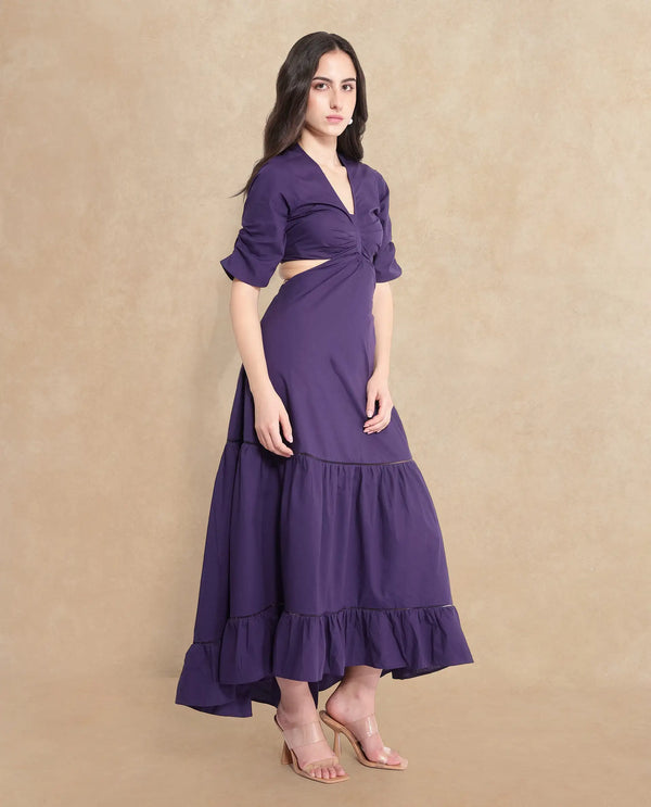 Rareism Women Lesman Dark Purple Puff Sleeves V-Neck Fit And Flare Maxi Plain Dress