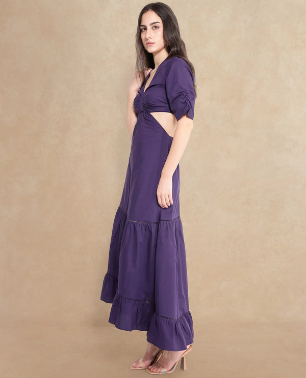 Rareism Women Lesman Dark Purple Puff Sleeves V-Neck Fit And Flare Maxi Plain Dress