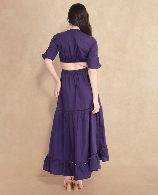 Rareism Women Lesman Dark Purple Puff Sleeves V-Neck Fit And Flare Maxi Plain Dress