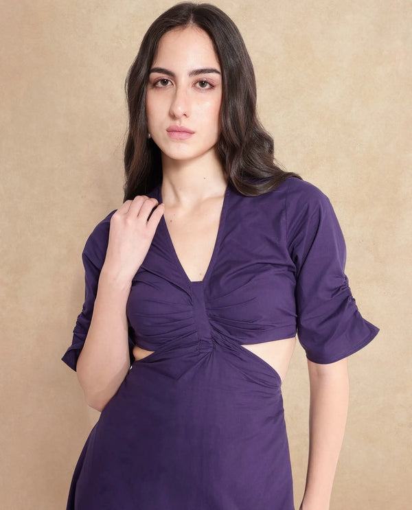 Rareism Women Lesman Dark Purple Puff Sleeves V-Neck Fit And Flare Maxi Plain Dress