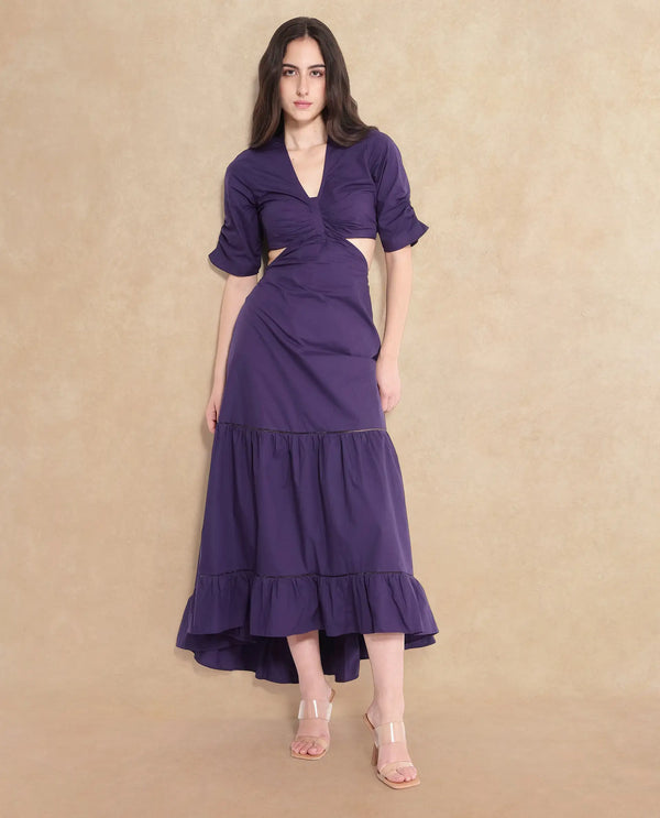Rareism Women Lesman Dark Purple Puff Sleeves V-Neck Fit And Flare Maxi Plain Dress
